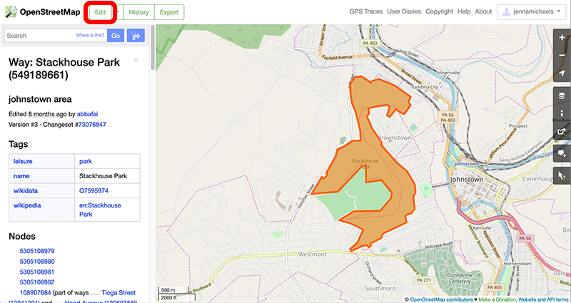 Edit button highlighted on OpenStreetMap website