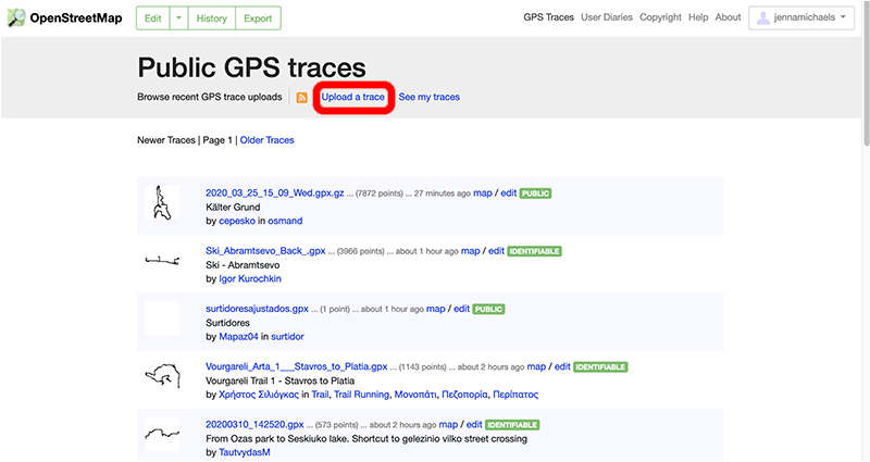 OpenStreetMap Public Traces page