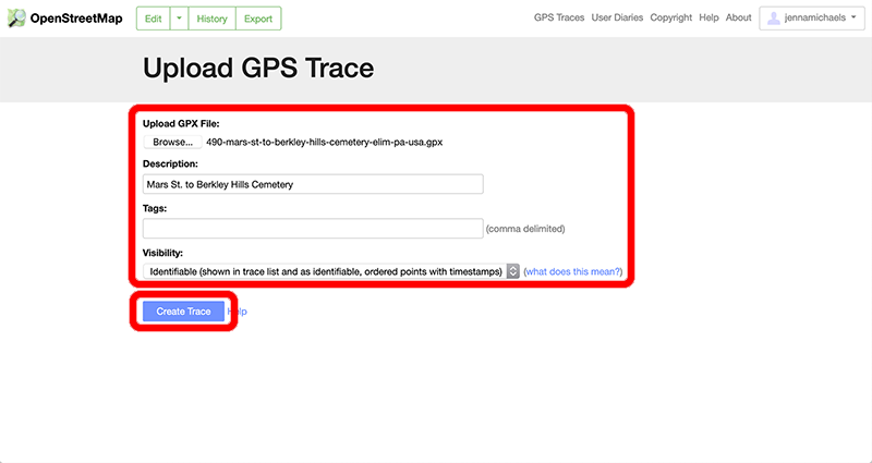 Editing trace information on OpenStreetMap