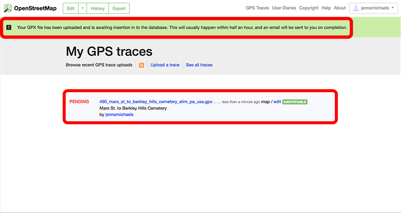 OpenStreetMap page showing successful upload message